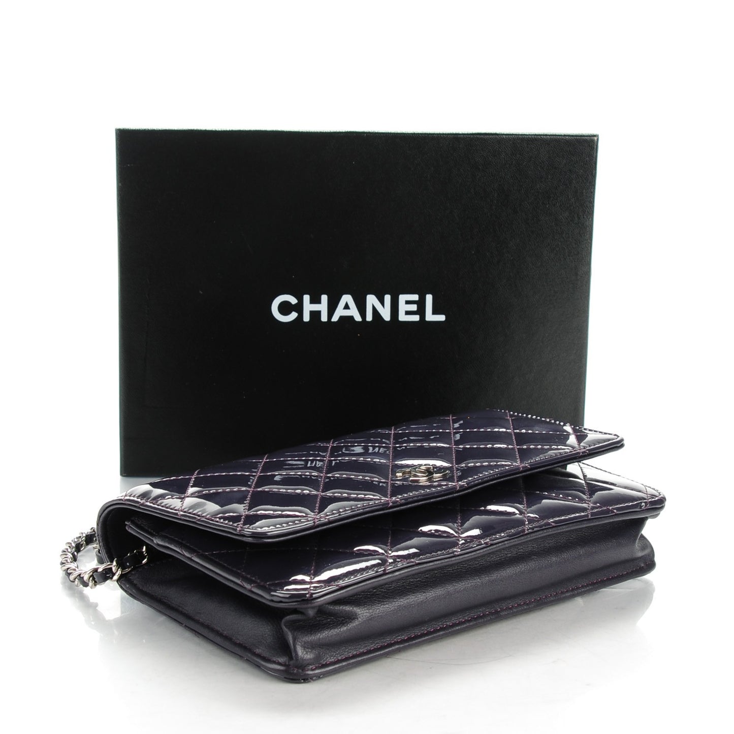 Patent Quilted Wallet On Chain WOC Dark Purple