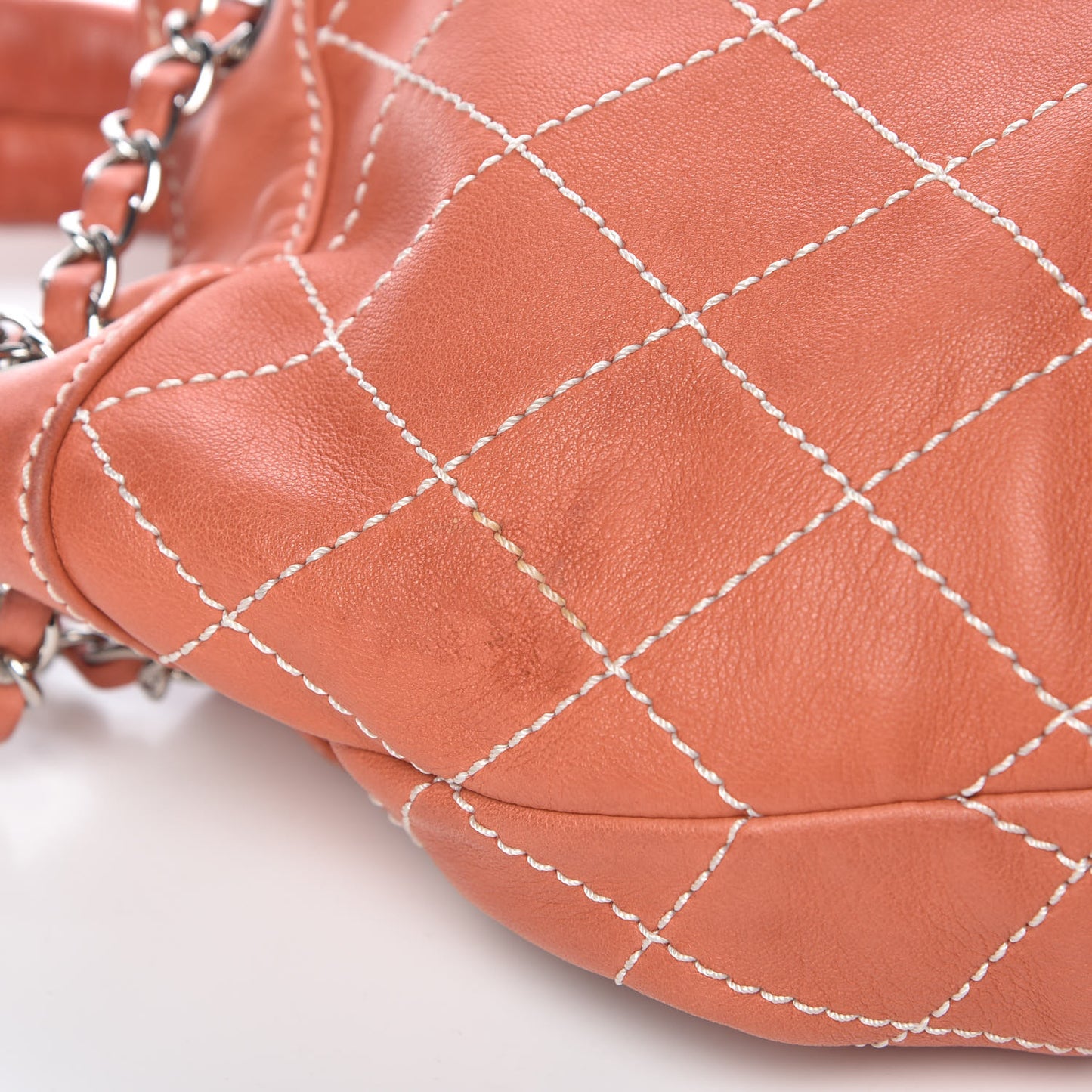 Lambskin Contrast Stitch Small Drawstring Tote Coral