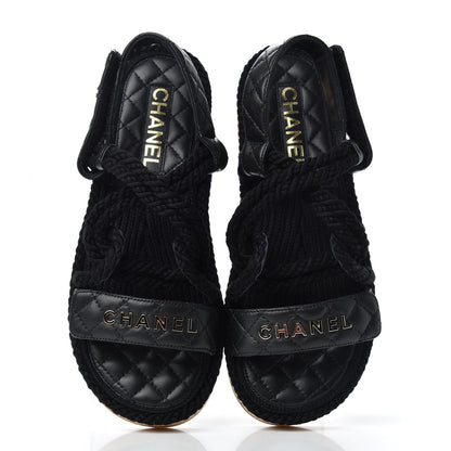 Chanel Cord Lambskin Quilted Logo Sandals 37 Black 5 of 8