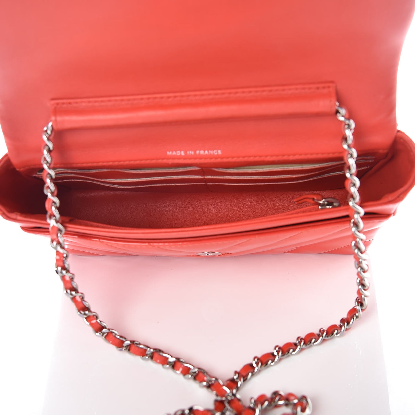Patent Calfskin Chevron Quilted Wallet On Chain WOC Red