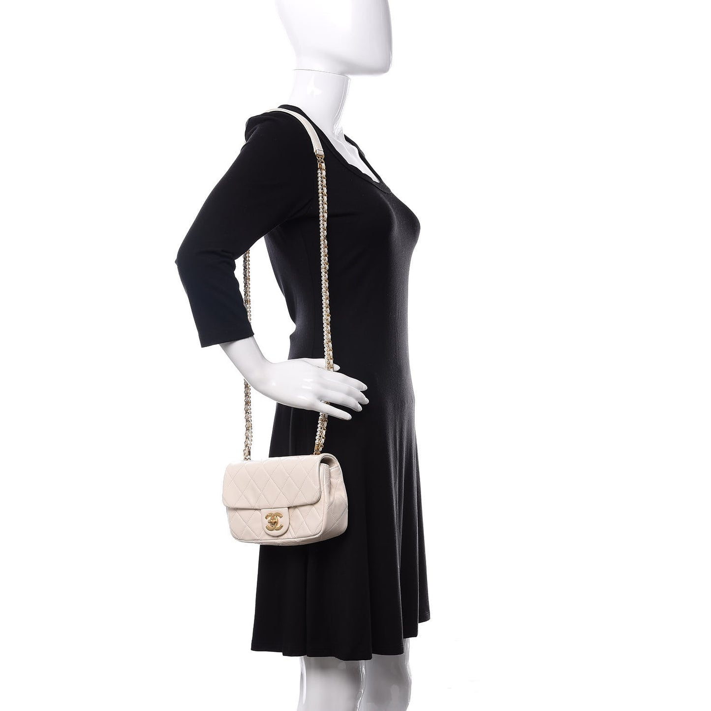 Calfskin Quilted Crystal Pearls Small Flap Bag White