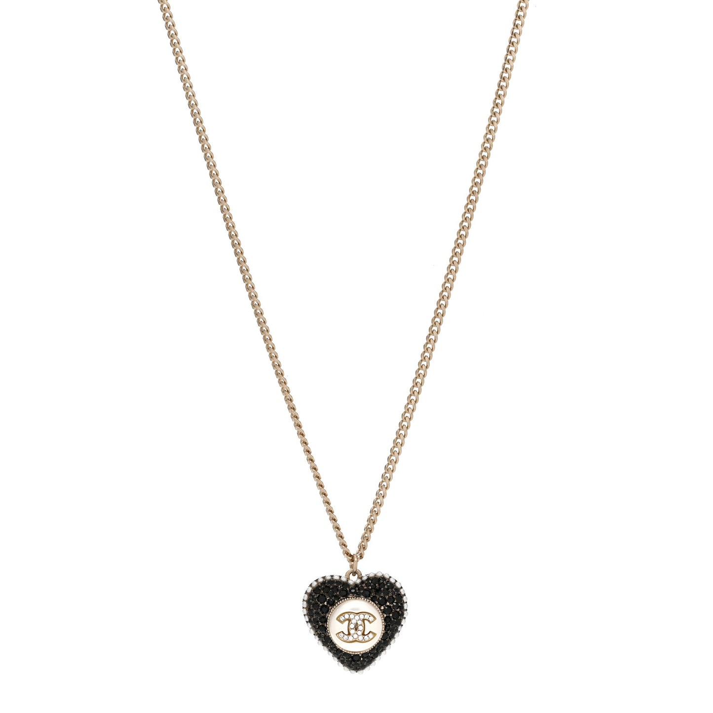 Pearl Crystal CC Heart Necklace Gold Pearly White Black