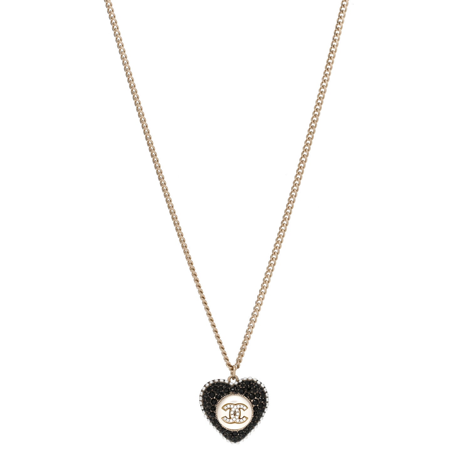 Chanel Pearl Crystal CC Heart Necklace Gold Pearly White Black 1 of 5