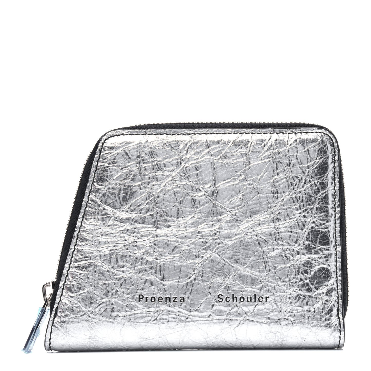 Metallic Crinkled Calfskin Zip Compact Wallet Silver