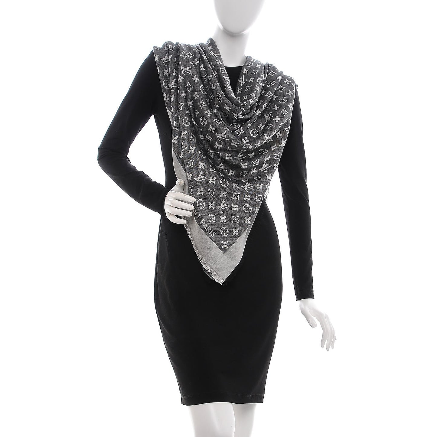 Wool Silk Monogram Denim Shawl Black