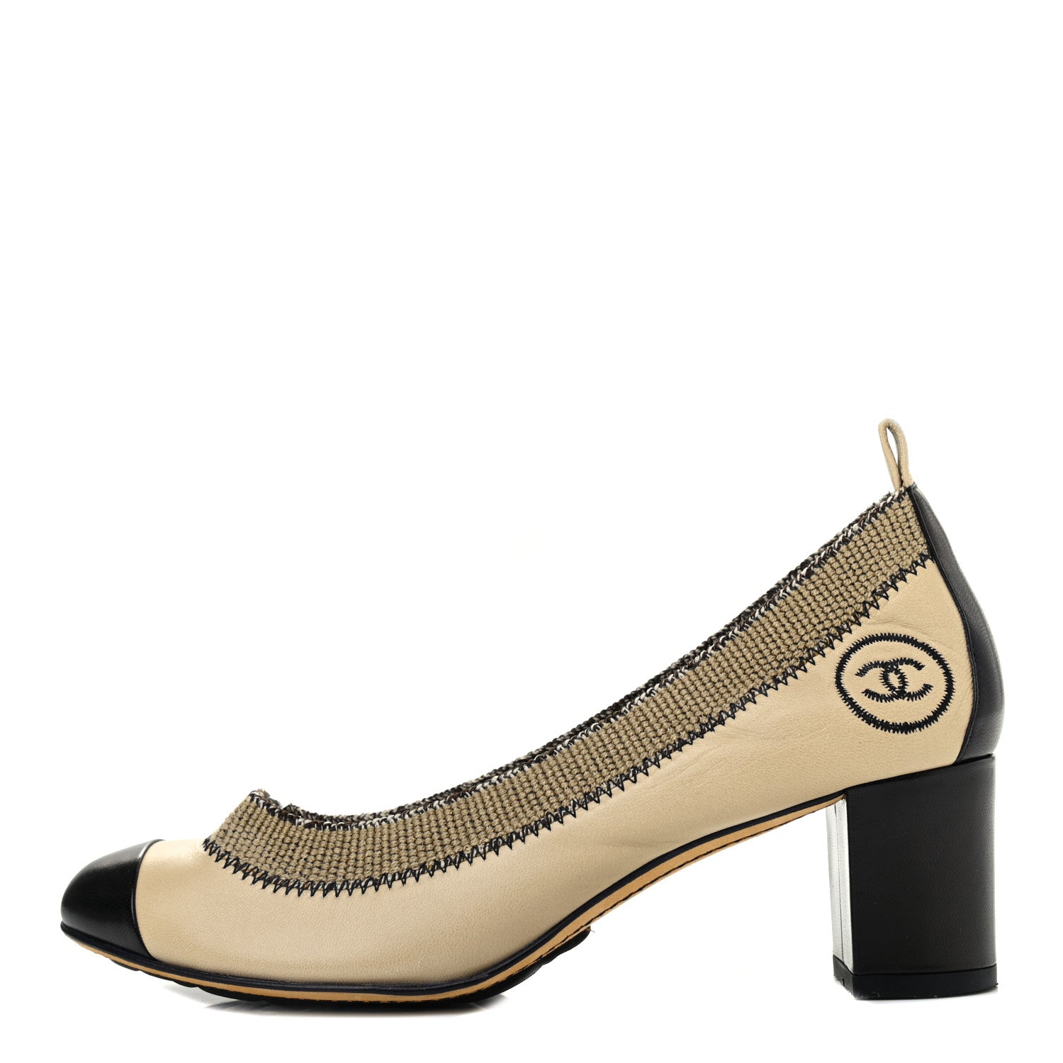 Chanel Lambskin Patent CC Elastic Stretch Pumps 36 Beige Black 1 of 8