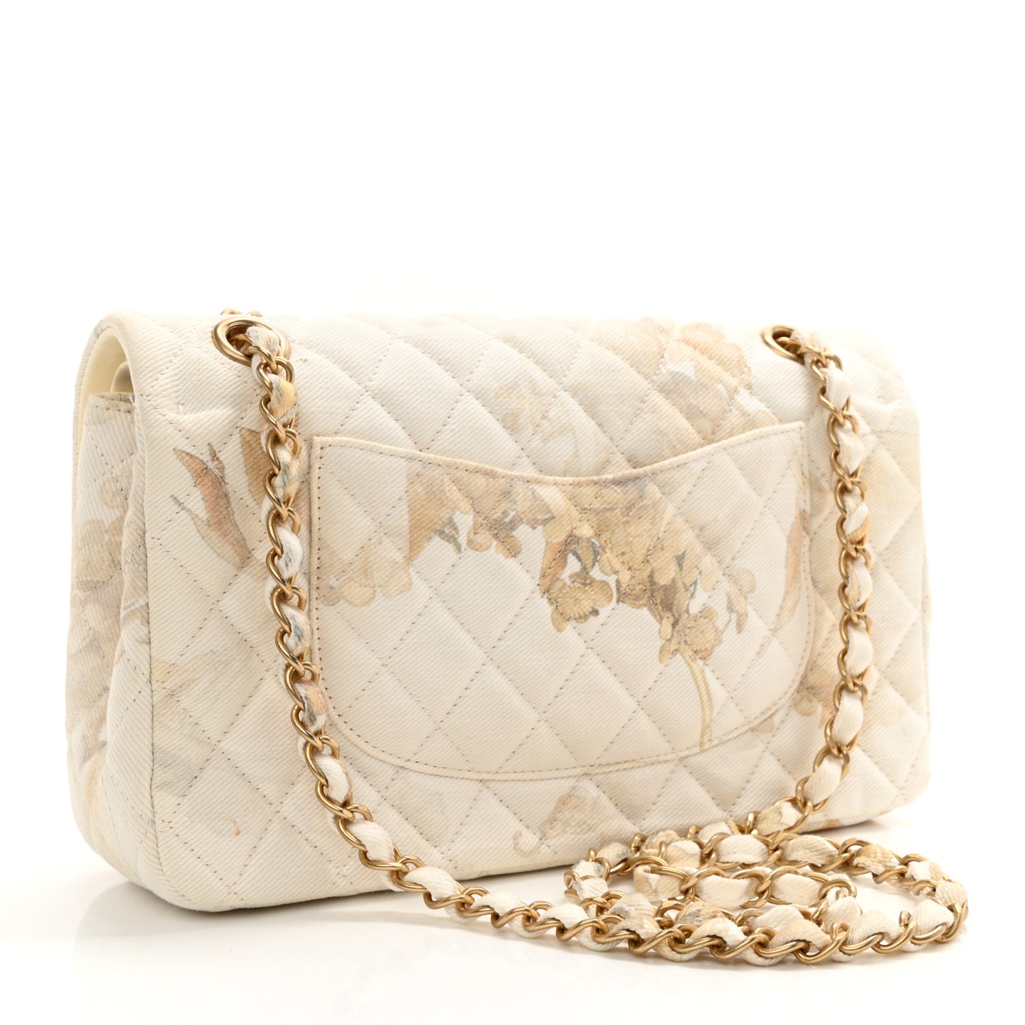 Denim Floral Printed Medium Double Flap Beige