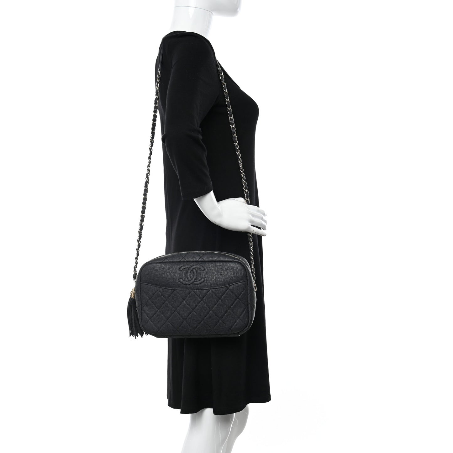 Iridescent Caviar Quilted Small Coco Tassel Camera Case Black