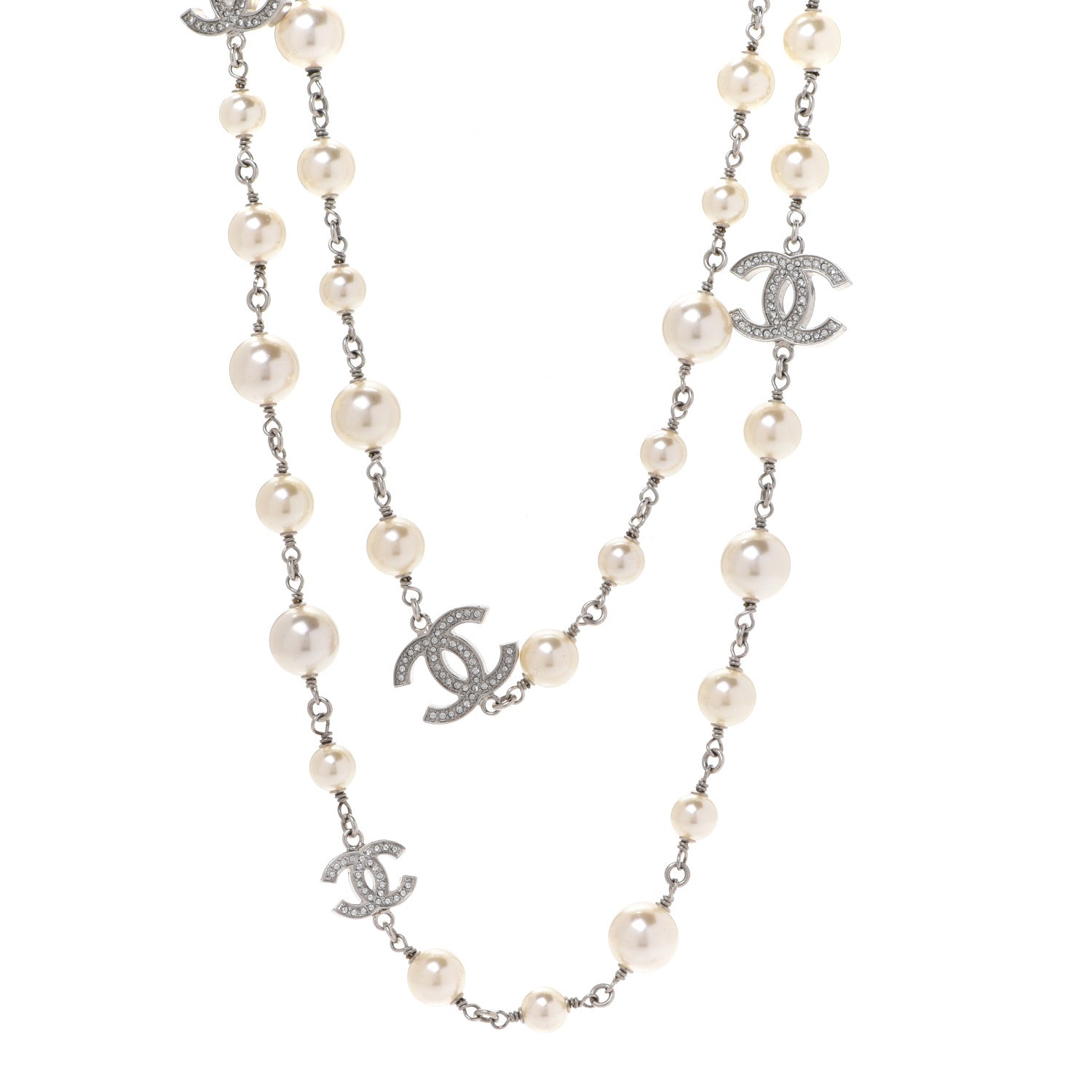 Chanel Crystal Pearl CC Long Necklace Silver 1 of 6