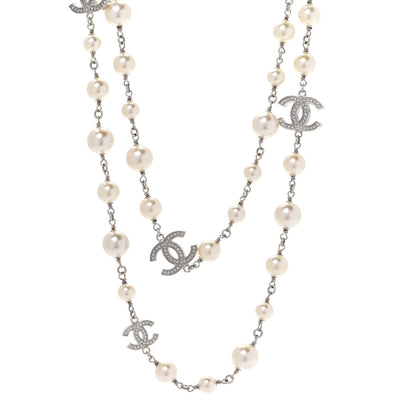 Chanel Crystal Pearl CC Long Necklace Silver 1 of 6