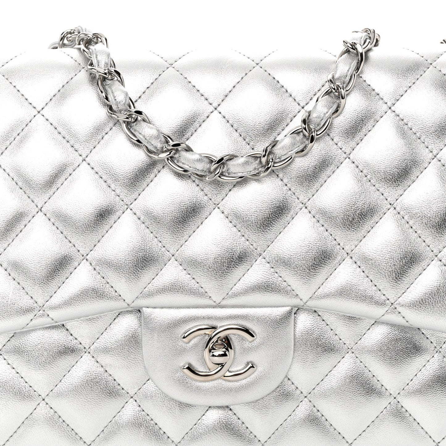 Metallic Lambskin Quilted Jumbo Single Flap Silver