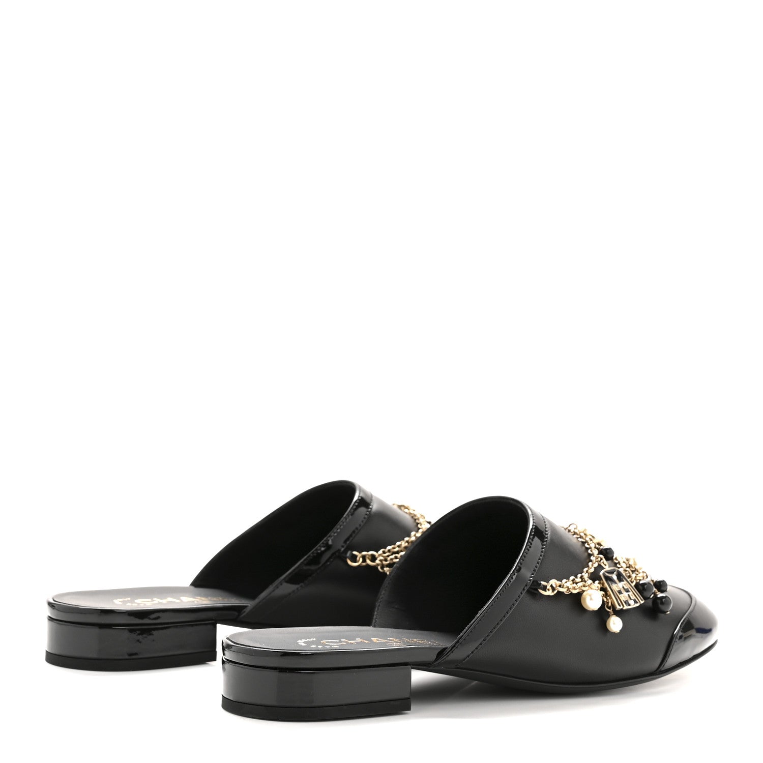 Chanel Lambskin Patent Pearl Chain Charm CC Mules 37 Black 5 of 10