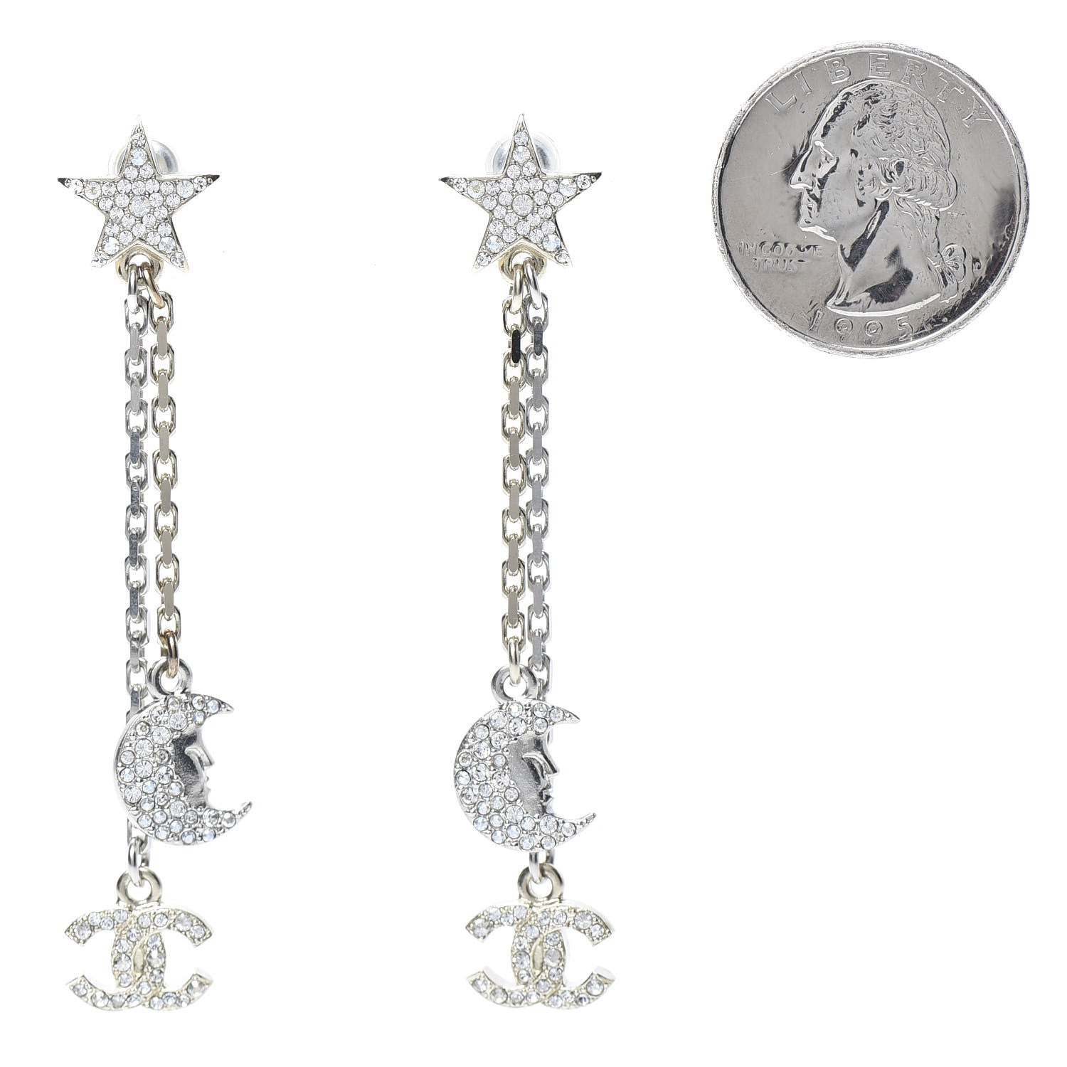 Chanel Crystal CC Star Moon Dangle Earrings Silver Gold 2 of 5