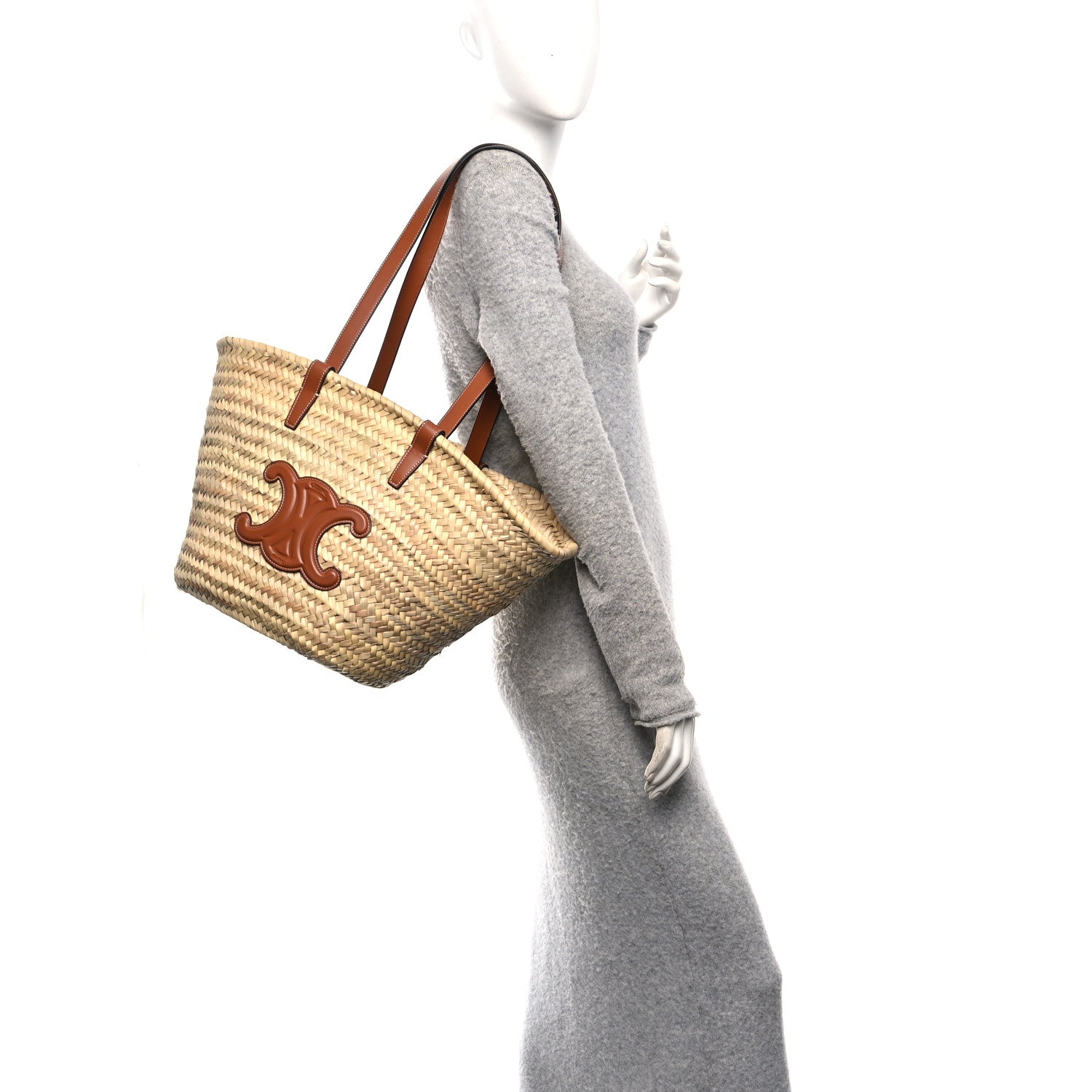 Celine Raffia Calfskin Triomphe Medium Panier Tan Tan 2 of 9