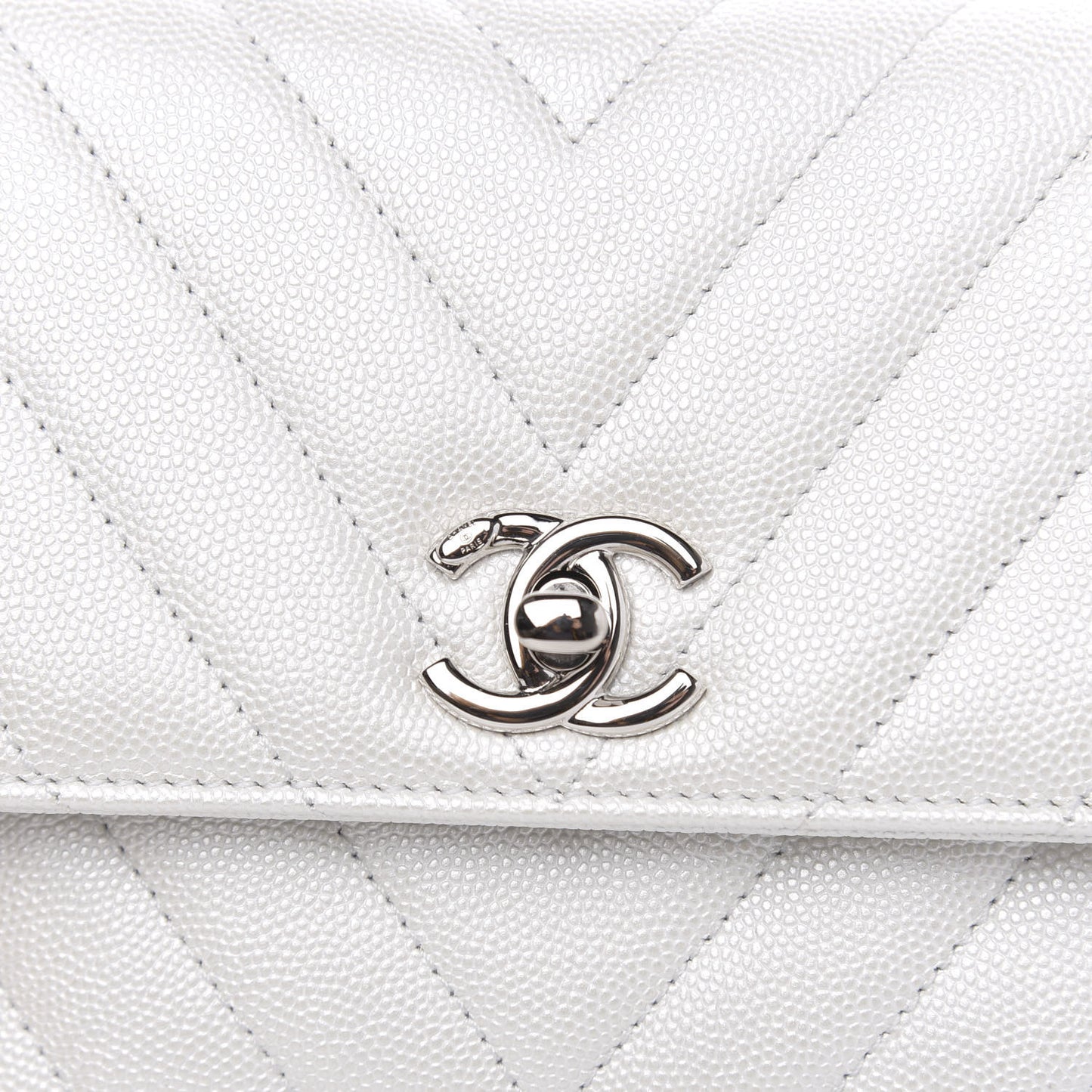 Iridescent Caviar Chevron Quilted Mini Coco Handle Flap White