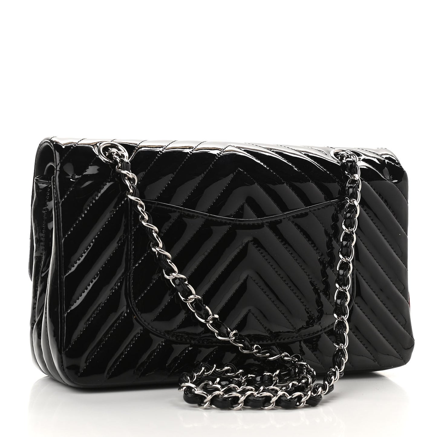 Patent Chevron Quilted Medium Double Flap Black