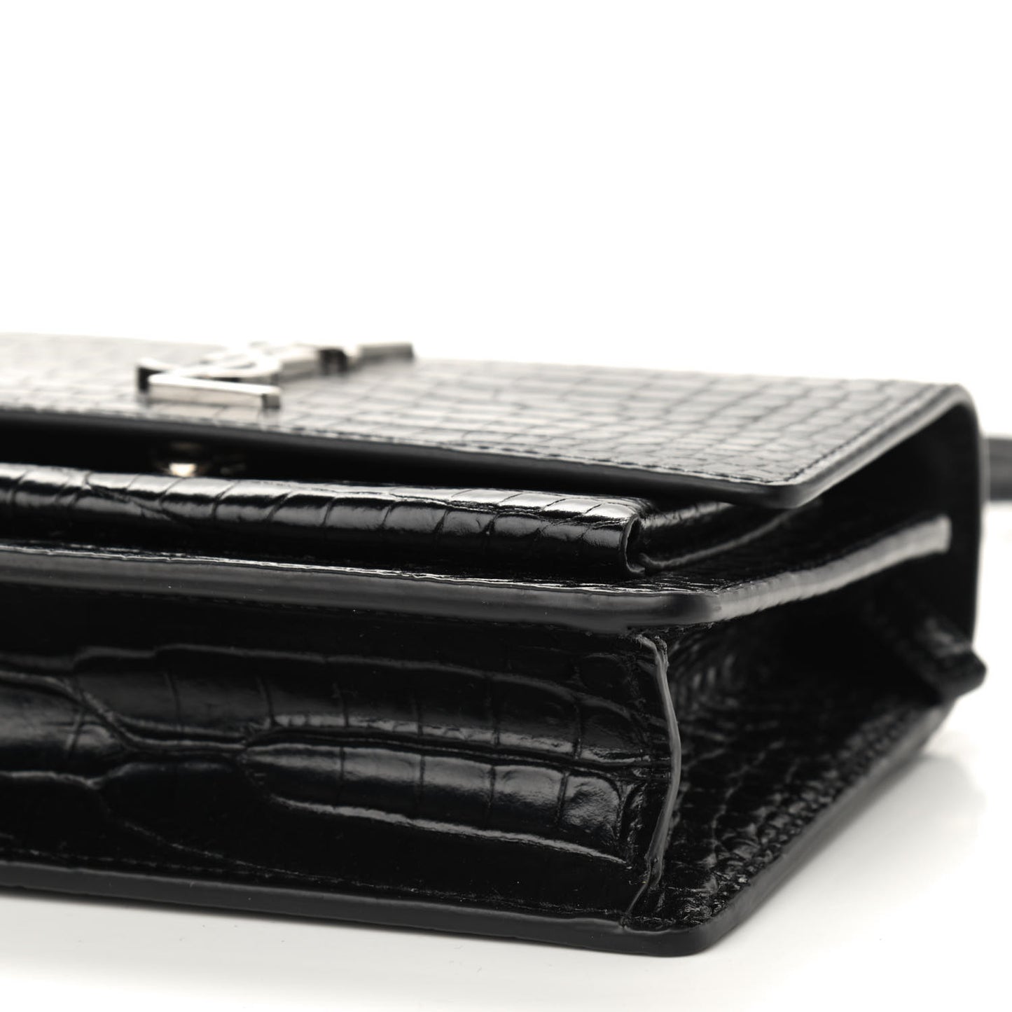 Calfskin Crocodile Embossed Monogram Sunset Chain Wallet Black