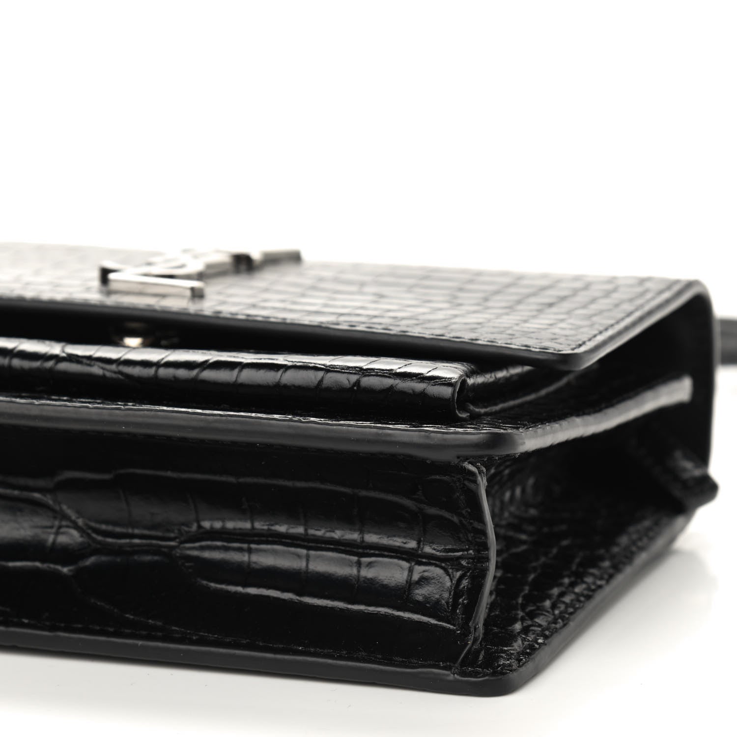 Saint Laurent Calfskin Crocodile Embossed Monogram Sunset Chain Wallet Black 8 of 8