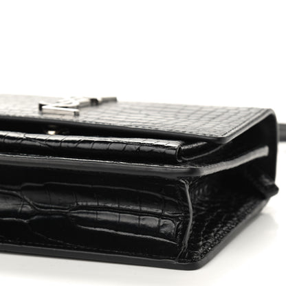 Saint Laurent Calfskin Crocodile Embossed Monogram Sunset Chain Wallet Black 8 of 8