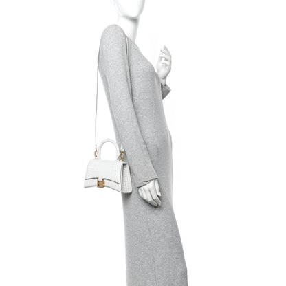 Balenciaga Shiny Calfskin Crocodile Embossed Hourglass Top Handle Bag XS White 4 of 12