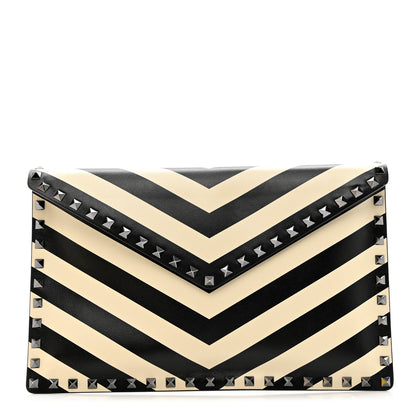 Valentino Garavani Vitello Chevron Rockstud Rolling Envelope Clutch Light Ivory Black 1 of 7