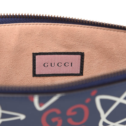 Gucci Calfskin GucciGhost Print Pouch Blue Agata Hibiscus Red 6 of 9