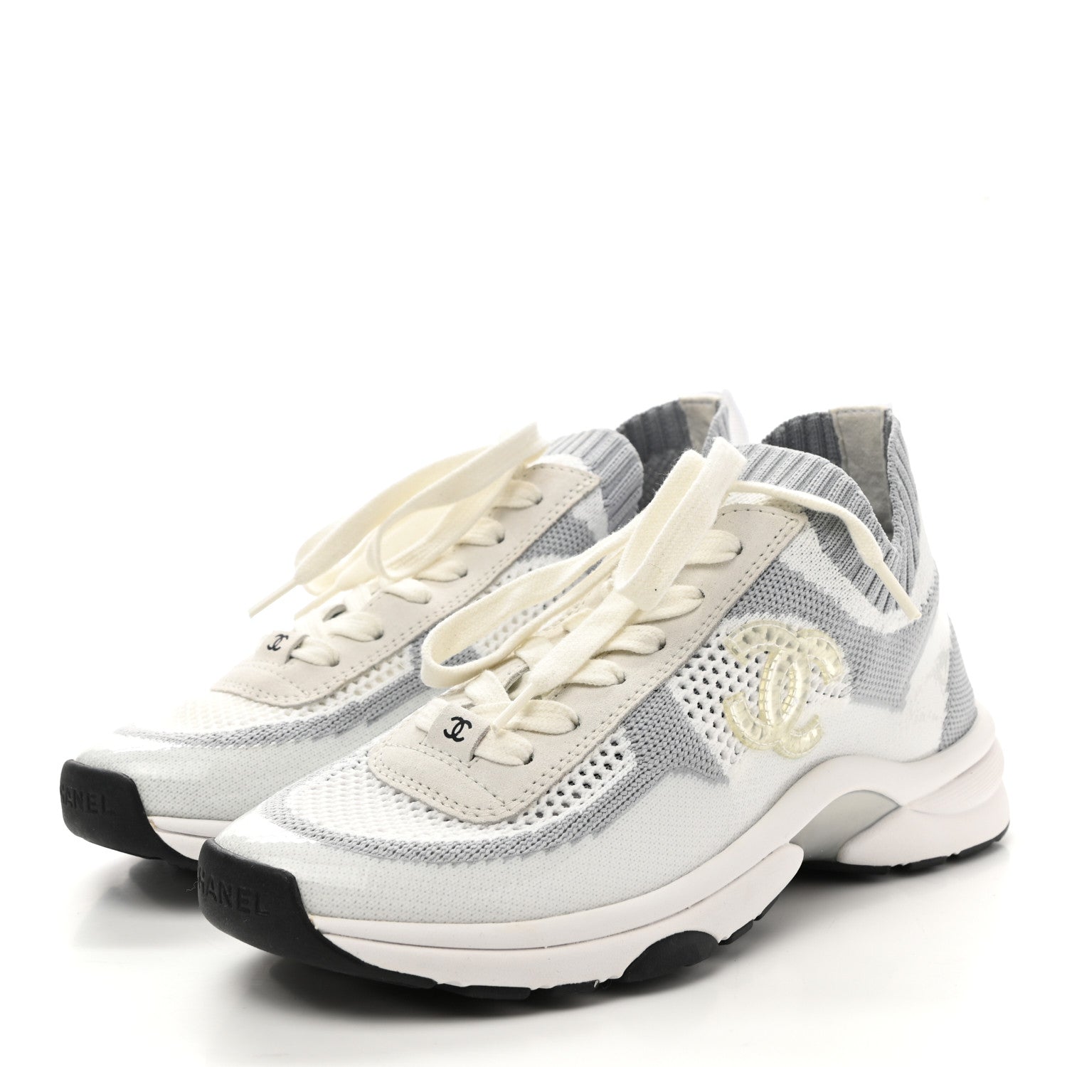 Chanel Mesh Fabric Womens CC Sneakers 36.5 White Grey 3 of 9