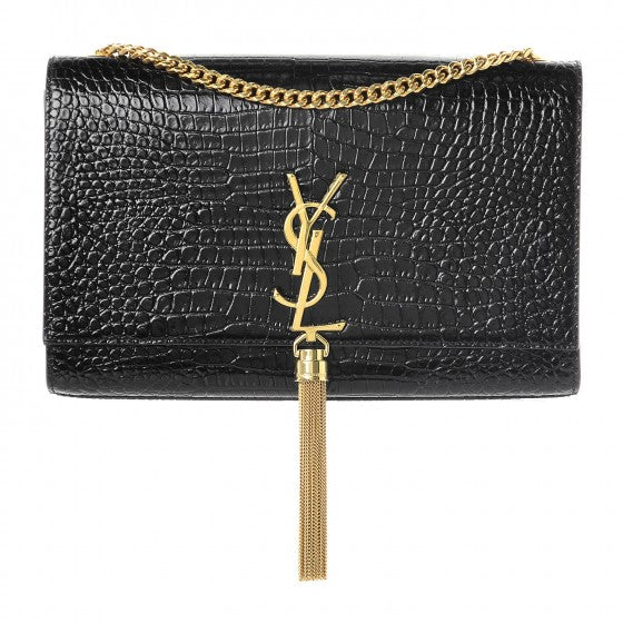 Calfskin Crocodile Embossed Medium Classic Monogram Kate Tassel Satchel Black