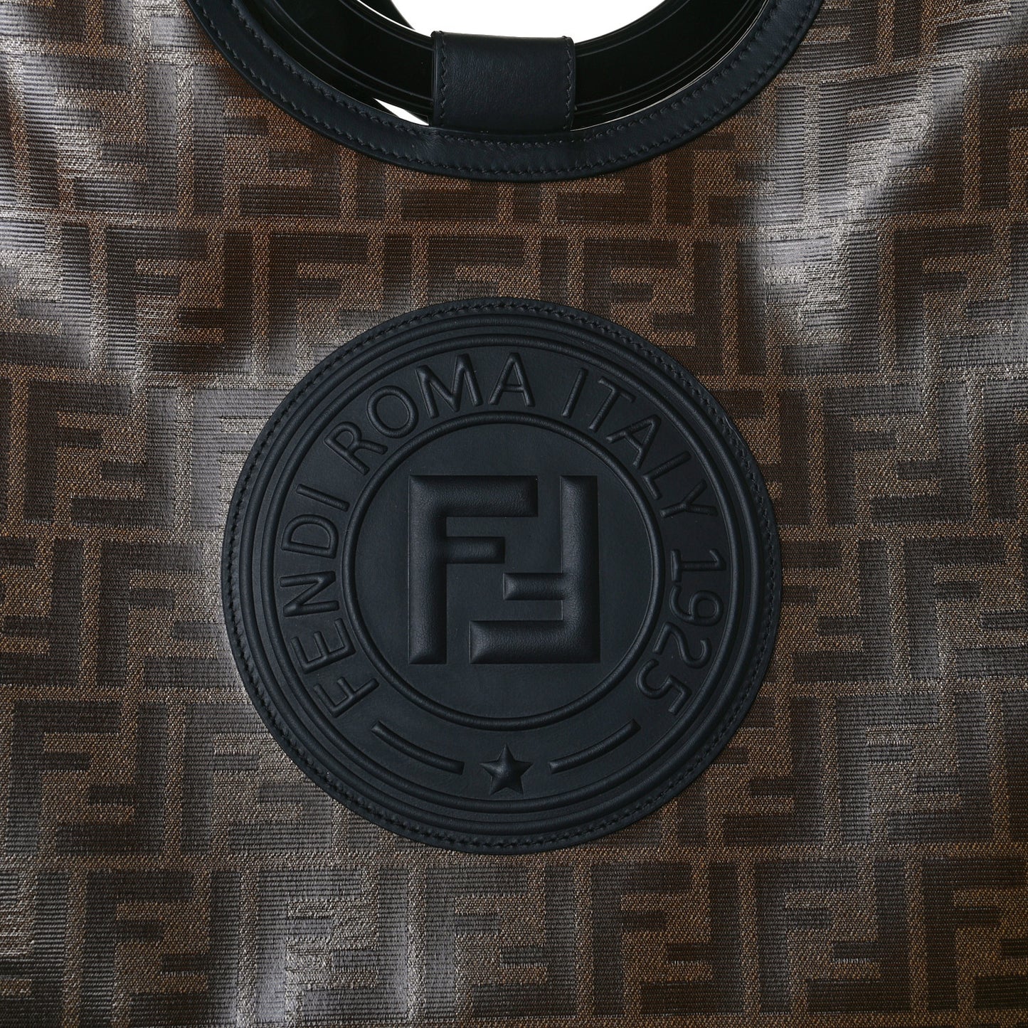 Glazed Fabric Vitello Century Plexiglass FF 1974 Stamp Patch Medium Runaway Shopper Tote Mogano Panna Black