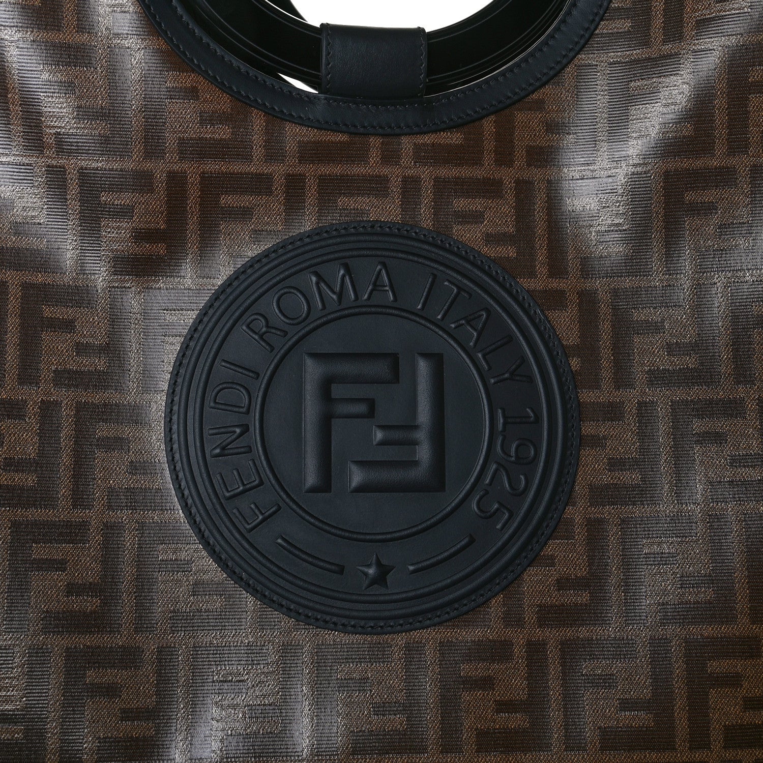 Fendi Glazed Fabric Vitello Century Plexiglass FF 1974 Stamp Patch Medium Runaway Shopper Tote Mogano Panna Black 12 of 17