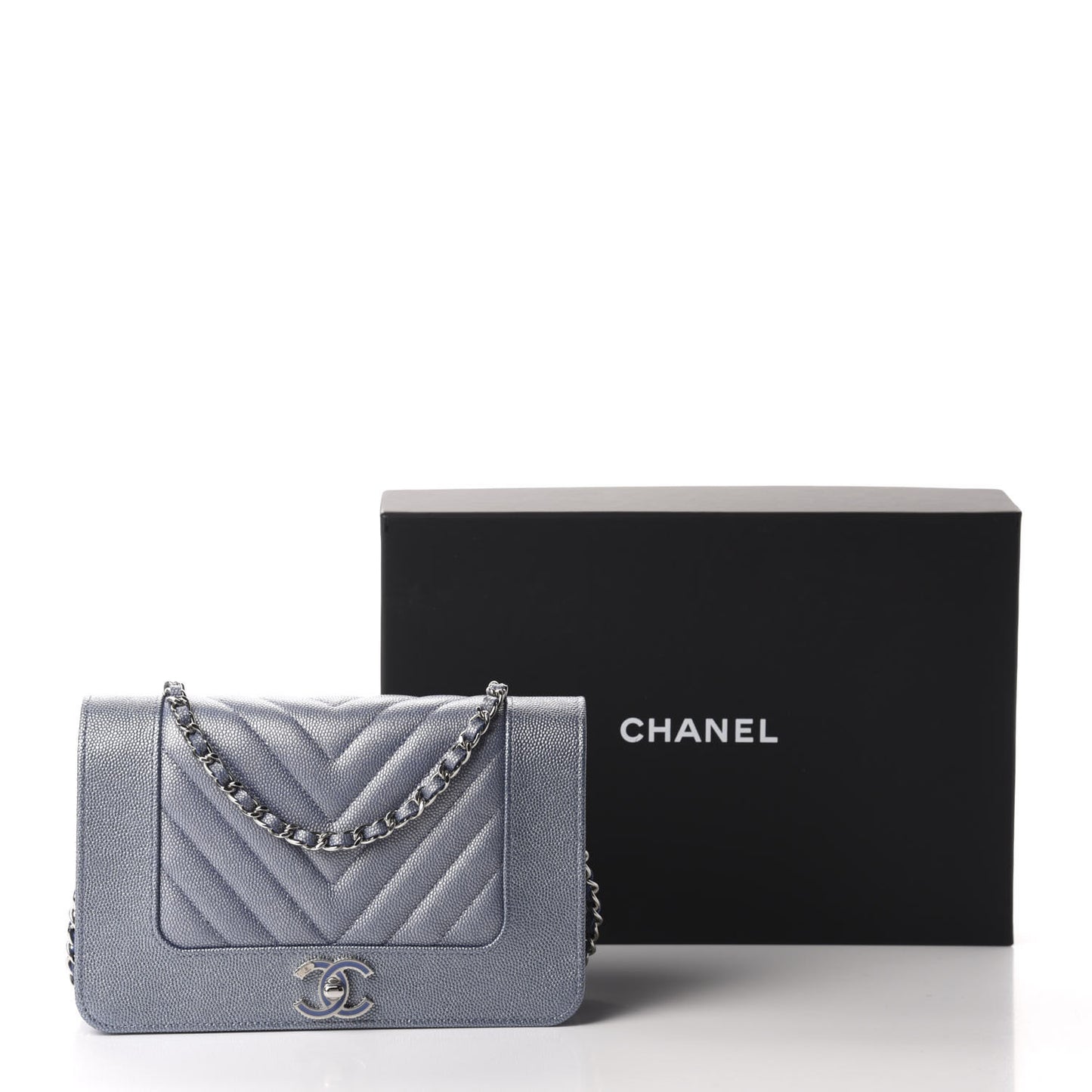 Metallic Caviar Chevron Quilted Vintage Mademoiselle Wallet On Chain WOC Blue