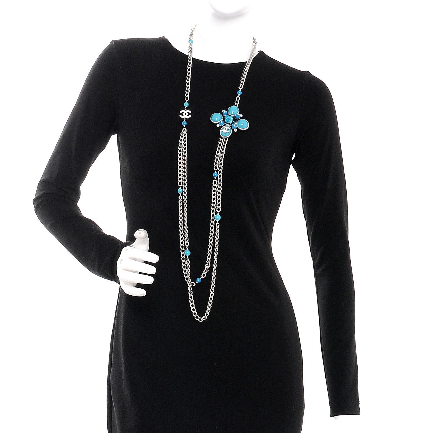 Chanel Resin Tweed Crystal Beaded Medallion Necklace Turquoise Silver 2 of 7