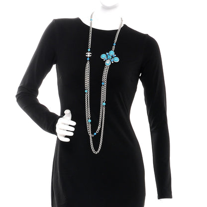 Chanel Resin Tweed Crystal Beaded Medallion Necklace Turquoise Silver 2 of 7