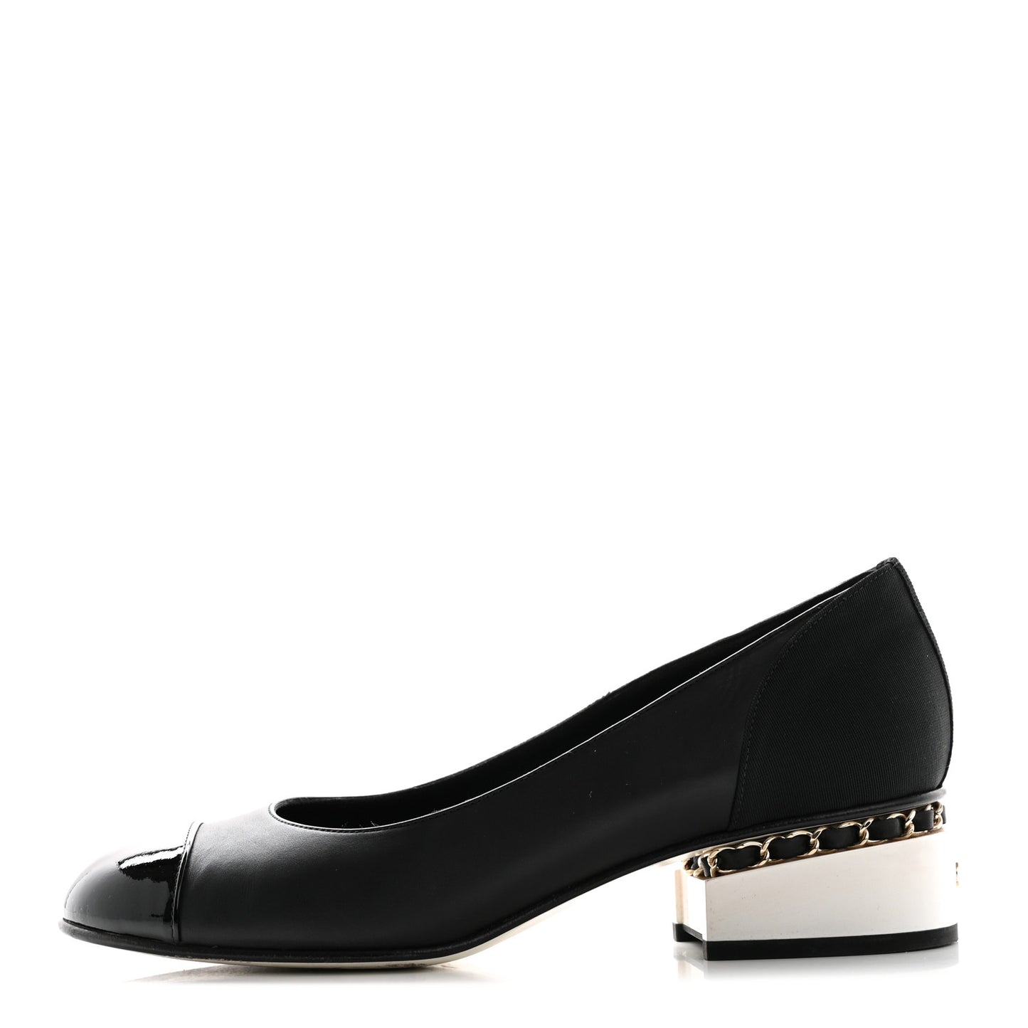 Lambskin Patent Cap Toe Low Heel Chain Pumps 37.5 Black
