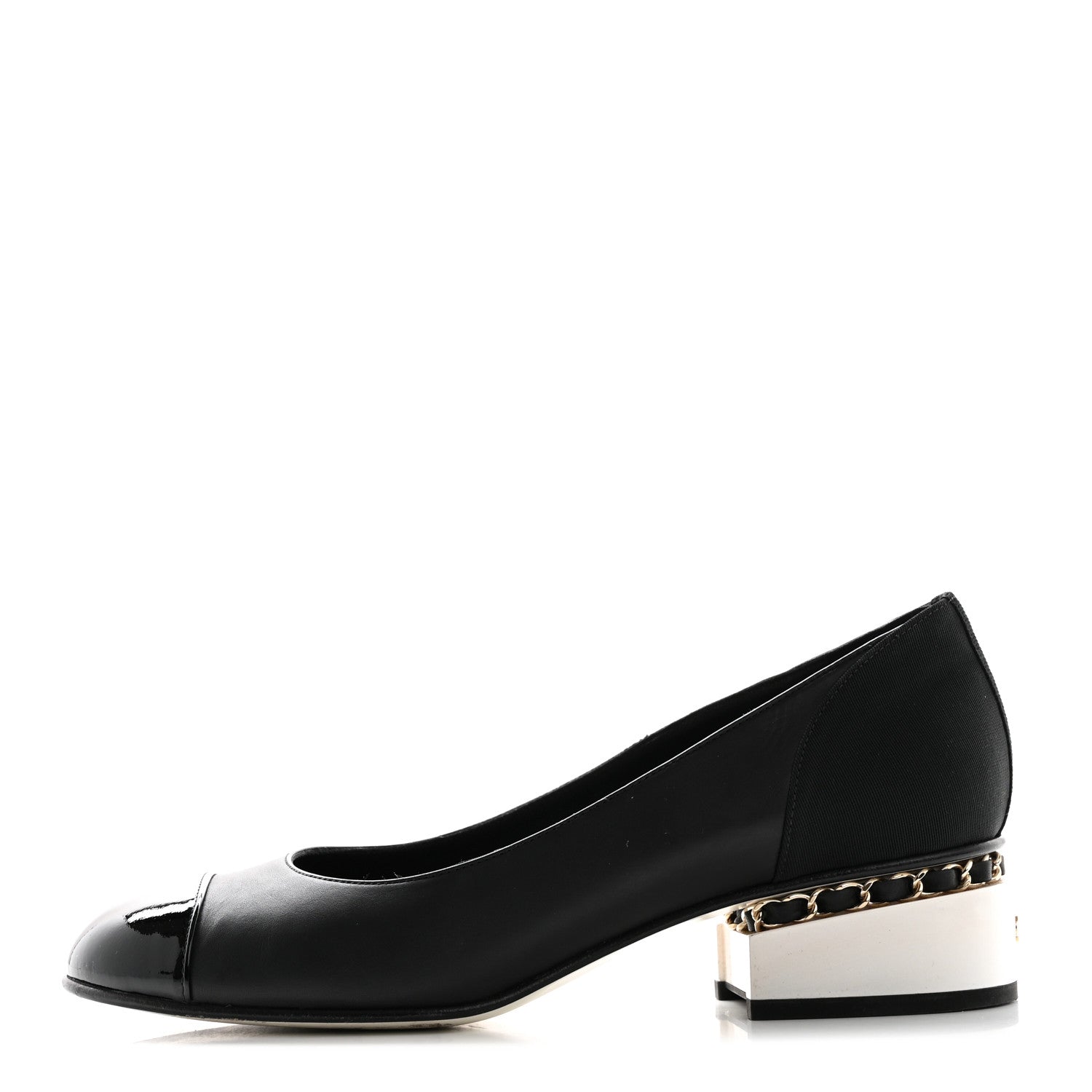 Chanel Lambskin Patent Cap Toe Low Heel Chain Pumps 37.5 Black 1 of 10