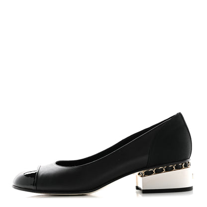 Chanel Lambskin Patent Cap Toe Low Heel Chain Pumps 37.5 Black 1 of 10