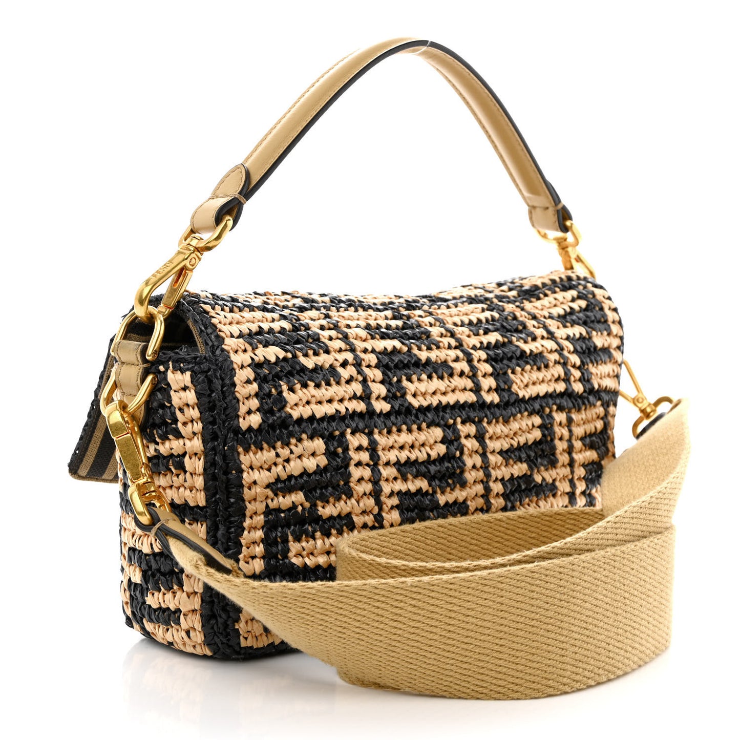 Raffia Vitello Grace FF Crochet Baguette Natural Black Paglia
