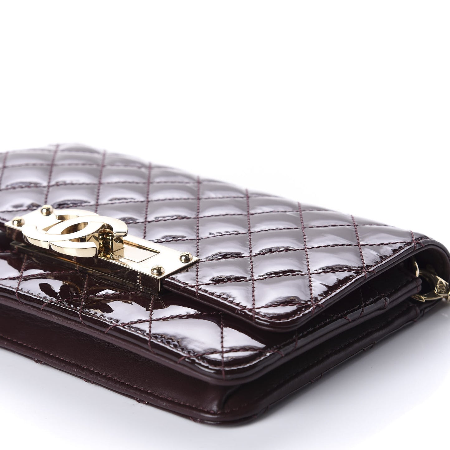 Patent Quilted Golden Class Wallet on Chain WOC Burgundy