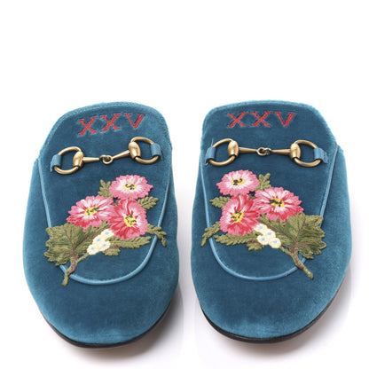 Gucci Velvet Floral Embroidered Womens Princetown Slippers 37.5 Pavone 3 of 9