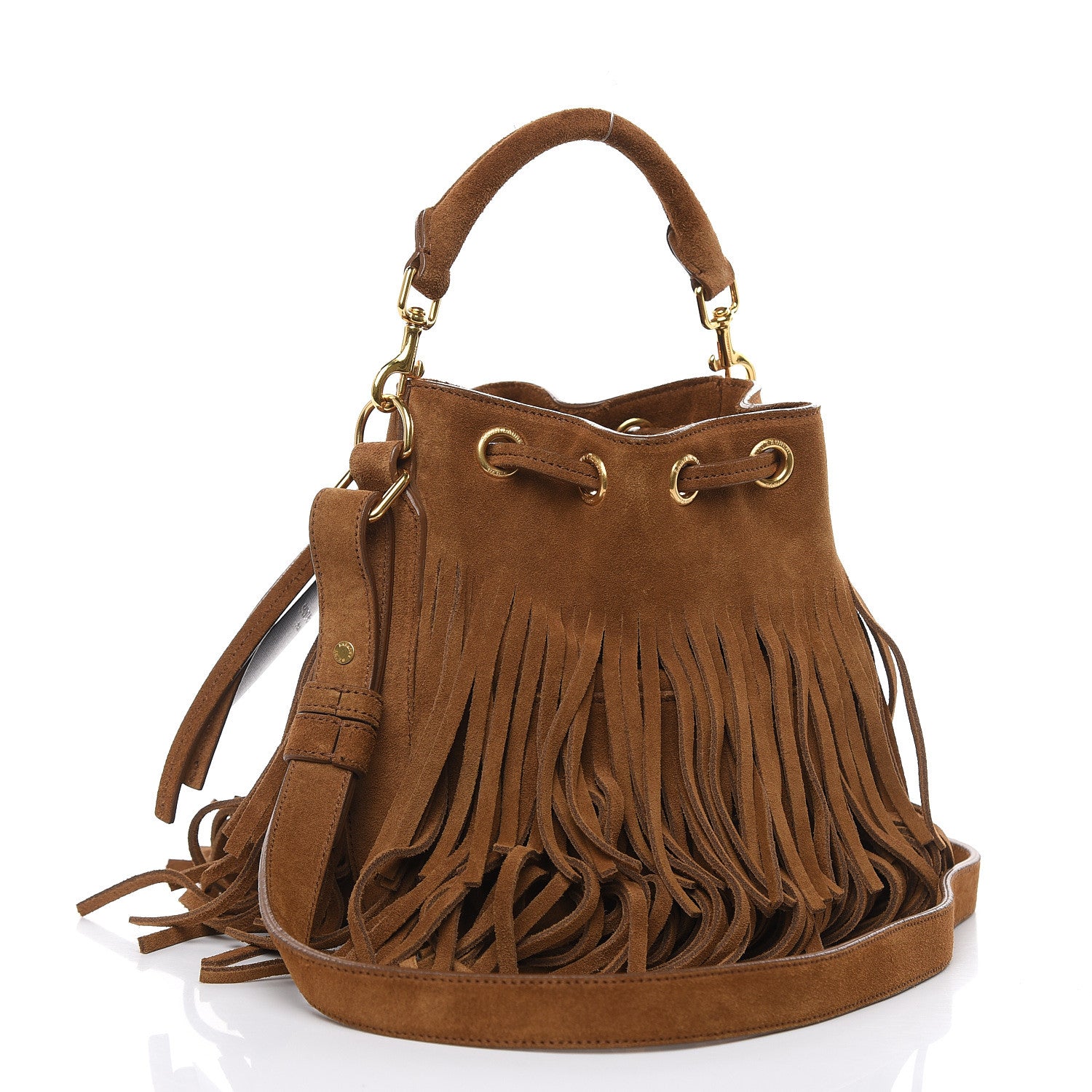 Saint Laurent Suede Calfskin Small Emmanuelle Fringe Bucket Bag Light Ocre 3 of 9