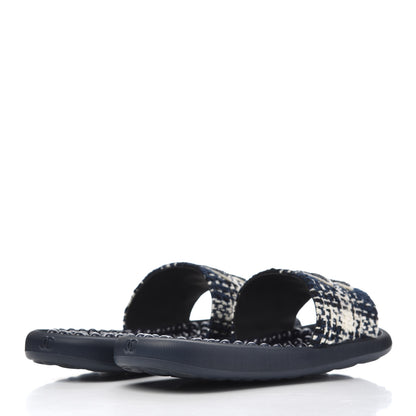 Chanel Tweed Rubber CC Flat Mules 36 Navy 4 of 14