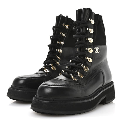 Chanel Calfskin Knit Lace Up Combat Boots 37.5 Black 4 of 8