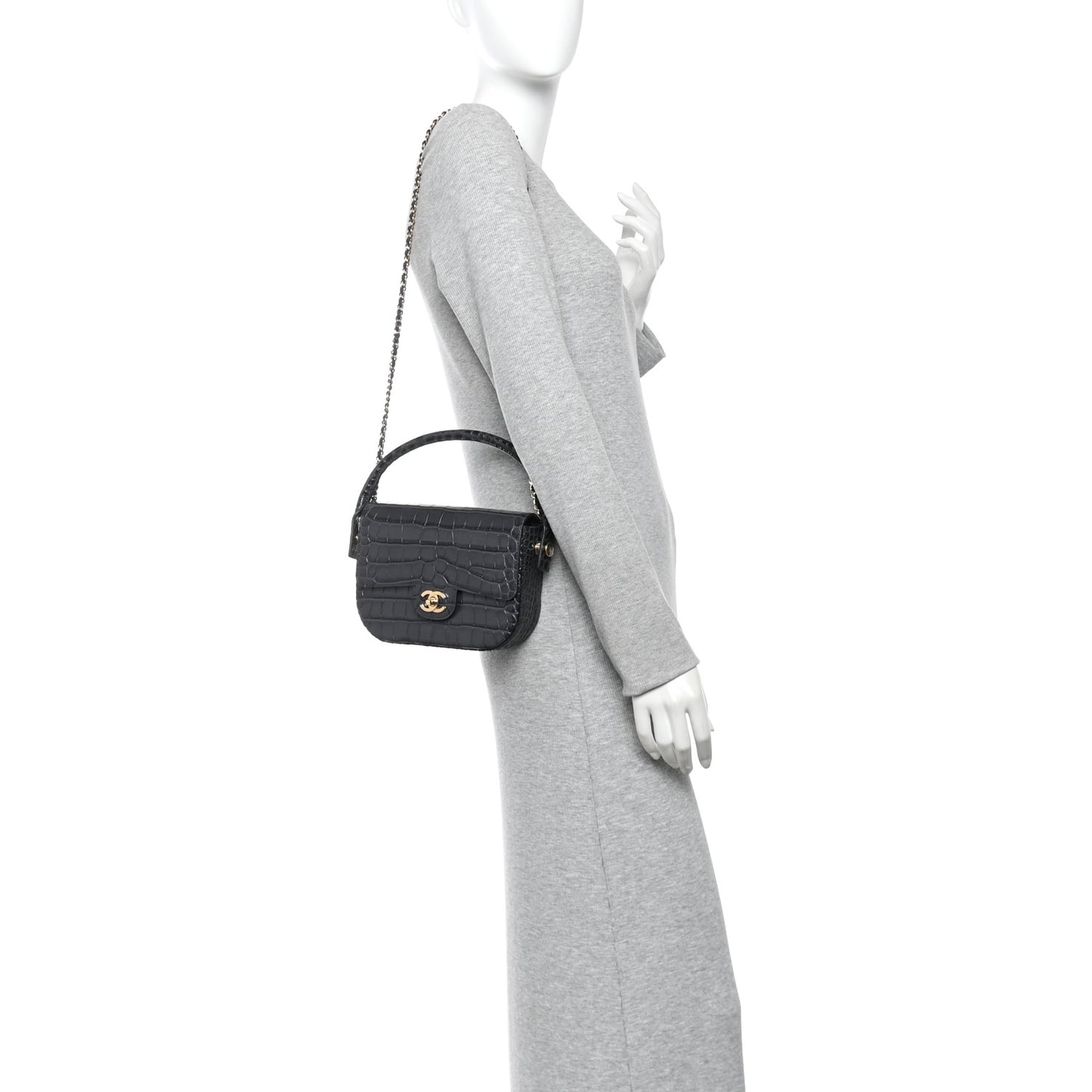 Calfskin Crocodile Embossed Turn Around Mini Flap Dark Grey