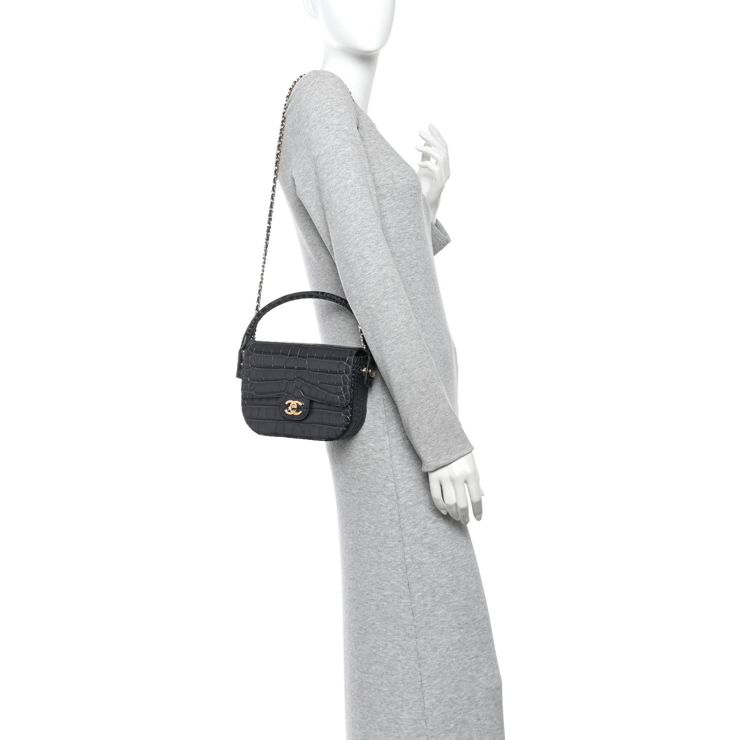 Chanel Calfskin Crocodile Embossed Turn Around Mini Flap Dark Grey 2 of 10