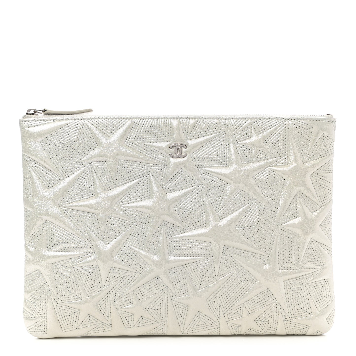 Metallic Lambskin Star Embossed Medium Cosmetic Pouch Light Silver