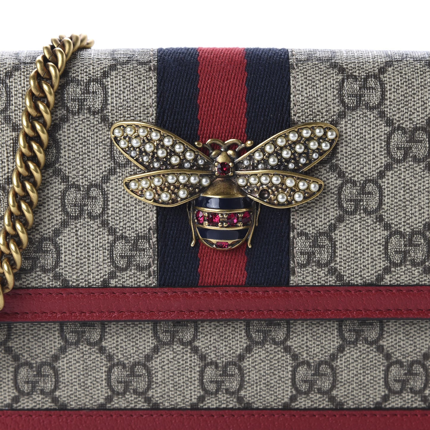 GG Supreme Monogram Web Queen Margaret Chain Wallet Red