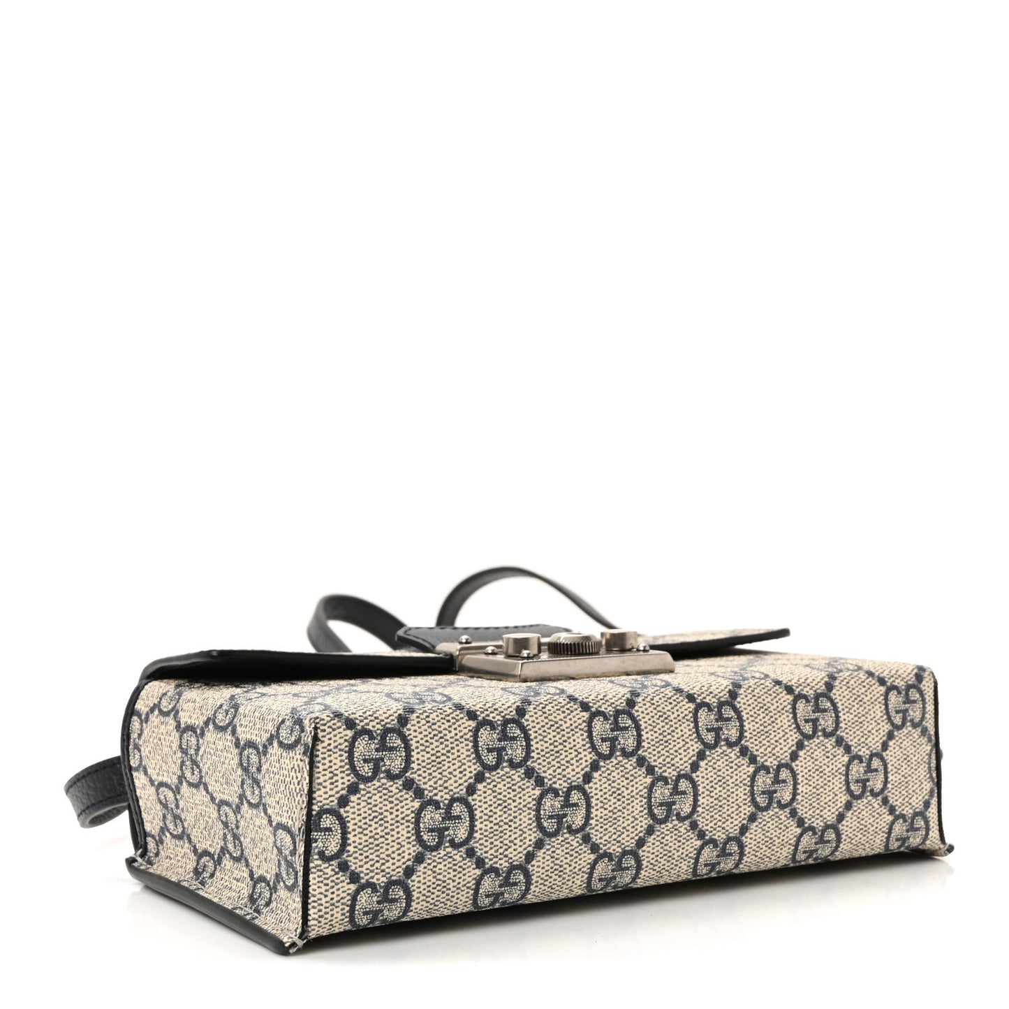 GG Supreme Monogram Textured Dollar Calfskin Web Mini Padlock Top Handle Shoulder Bag Beige Blue