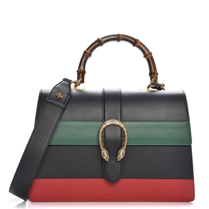Gucci Calfskin Bamboo Web Large Dionysus Top Handle Bag Black Bright Evergreen Hibiscus Red 1 of 10