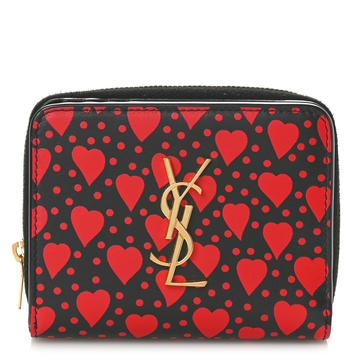 Saint Laurent Calfskin Heart Print Monogram Compact Zip Around Wallet Black Red 1 of 10