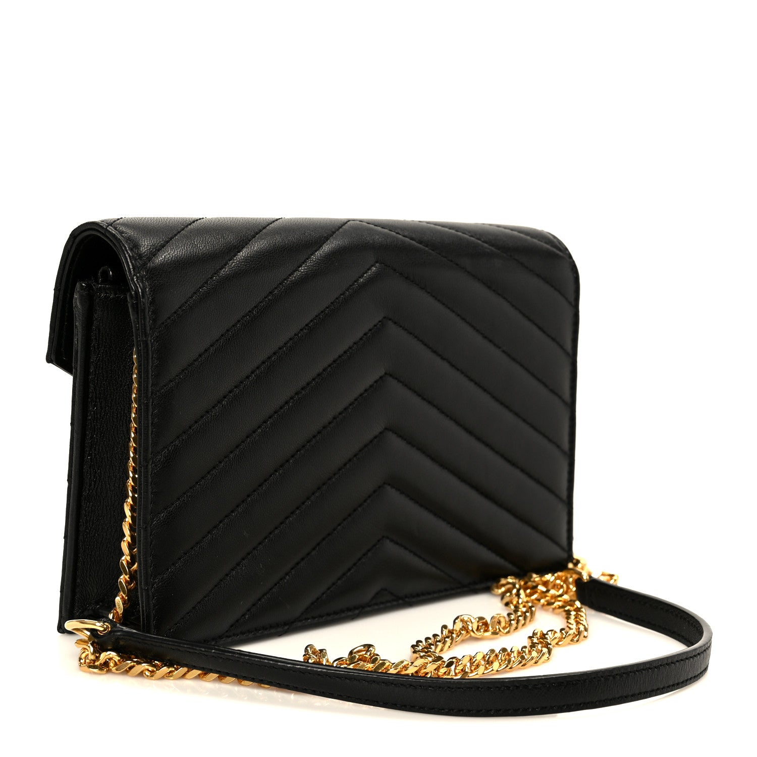 Saint Laurent Lambskin Matelasse Chevron Monogram Cassandre Envelope Chain Wallet Black 3 of 10